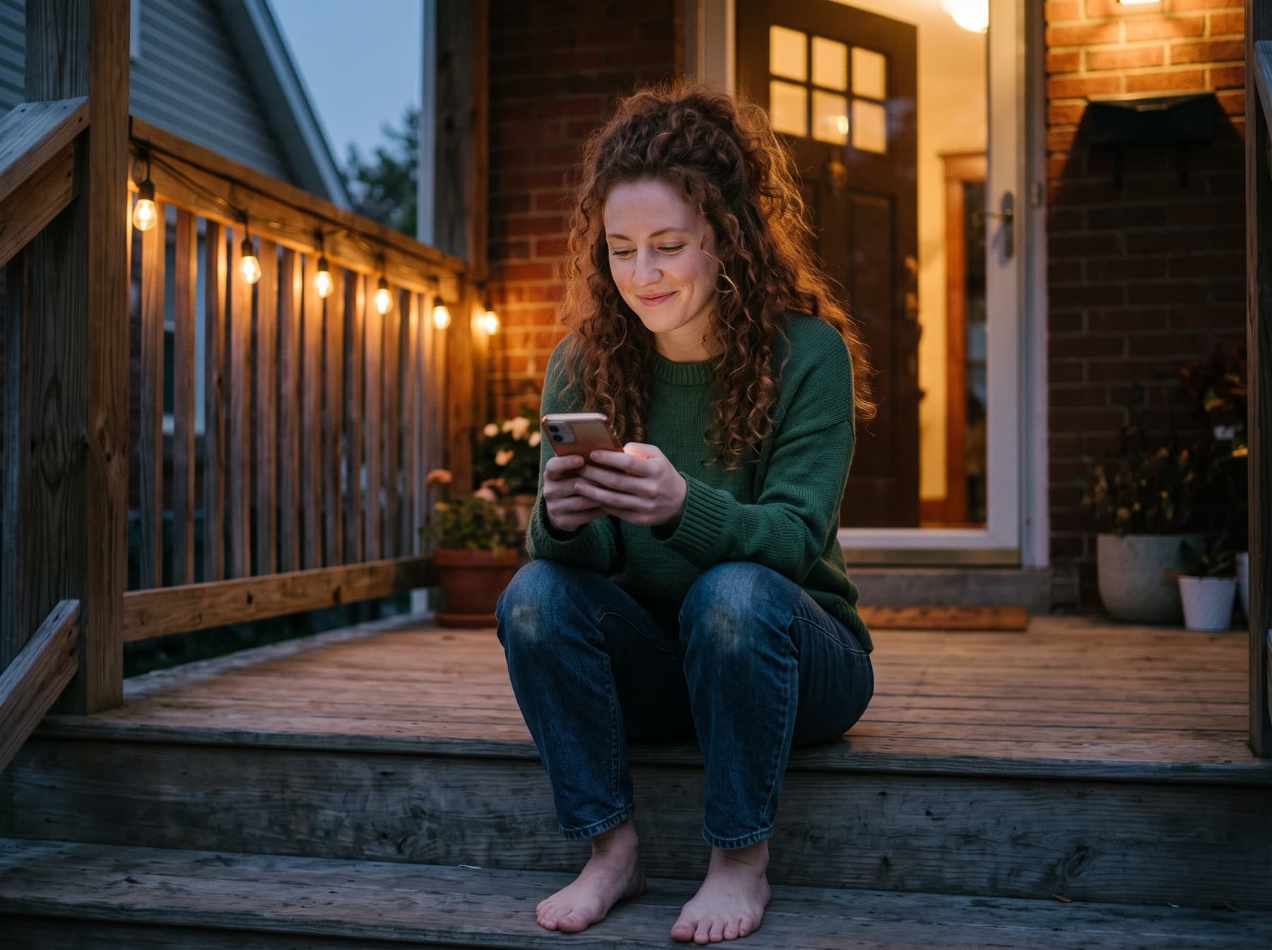 A homeowner reading her results on her phone on the front steps at dusk.
