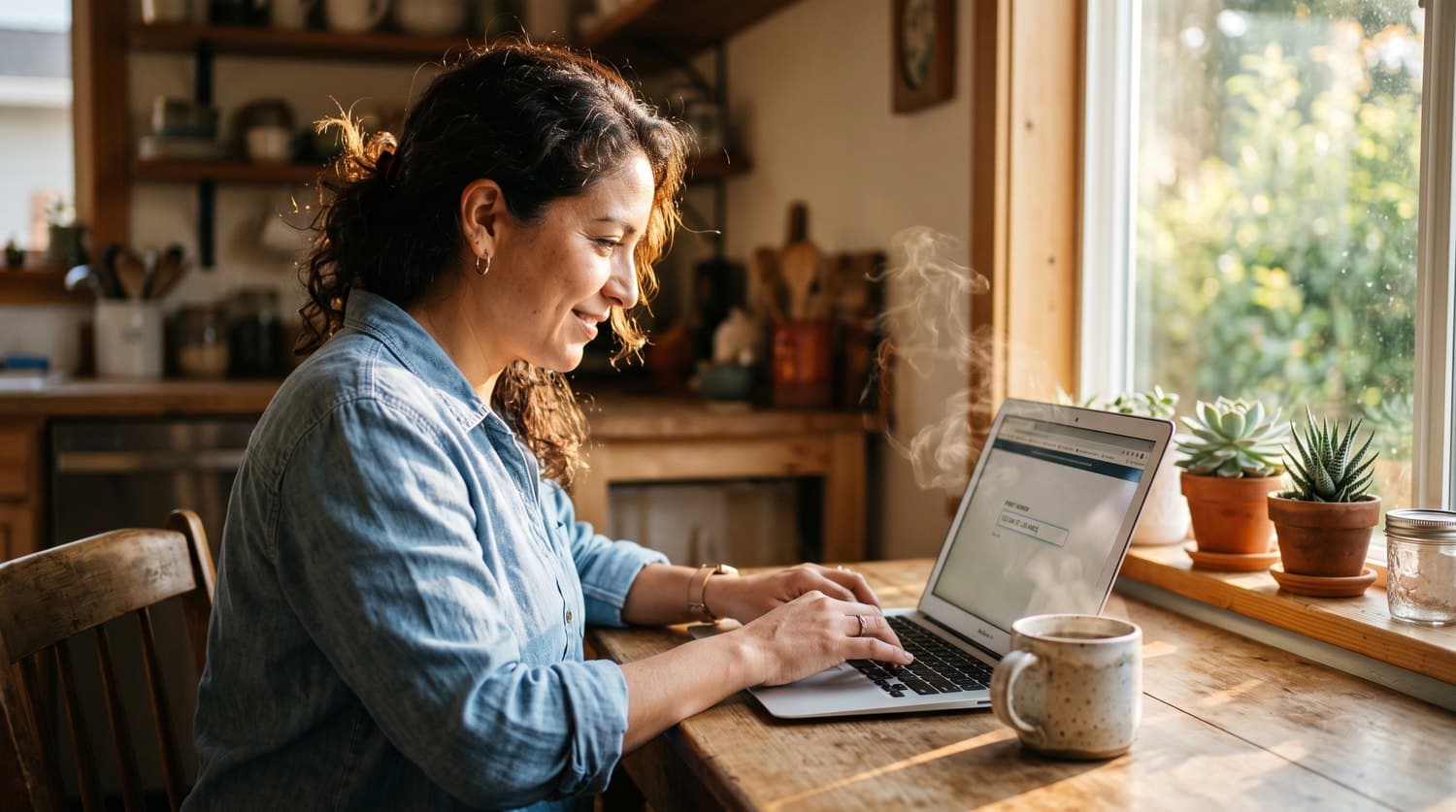 A homeowner filling out a form on her laptop at the kitchen table.