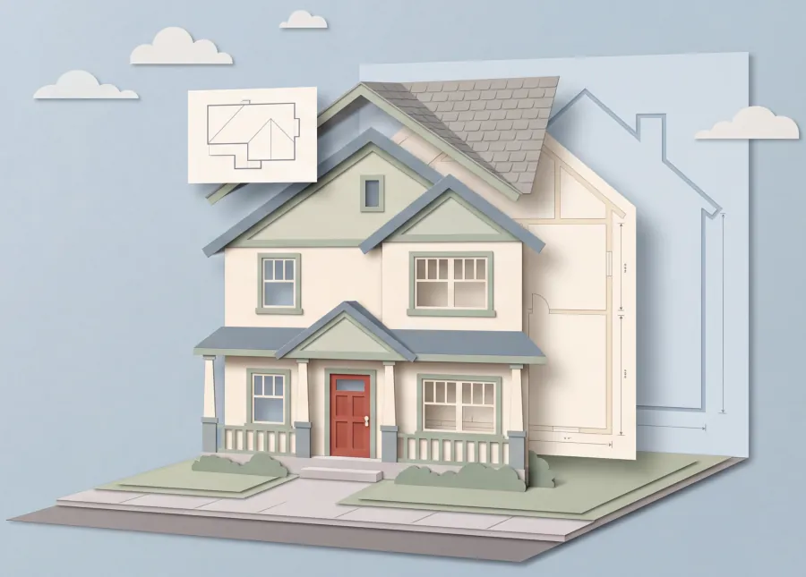 A paper-cut house on its lot, with its floor plan and elevation drawing behind it.