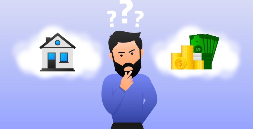 Business economy symbol. Man in flat style. House compare coins. Business vector icon. Vector illustration HARP Refinance | Mortgage Refinancing Costs