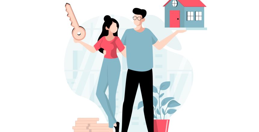 Real estate concept with people scene in flat design. Man and woman holding keys to new house, invest money in dwelling, happy family moving. Vector illustration with character situation for web Home Refinancing | Homeowner
