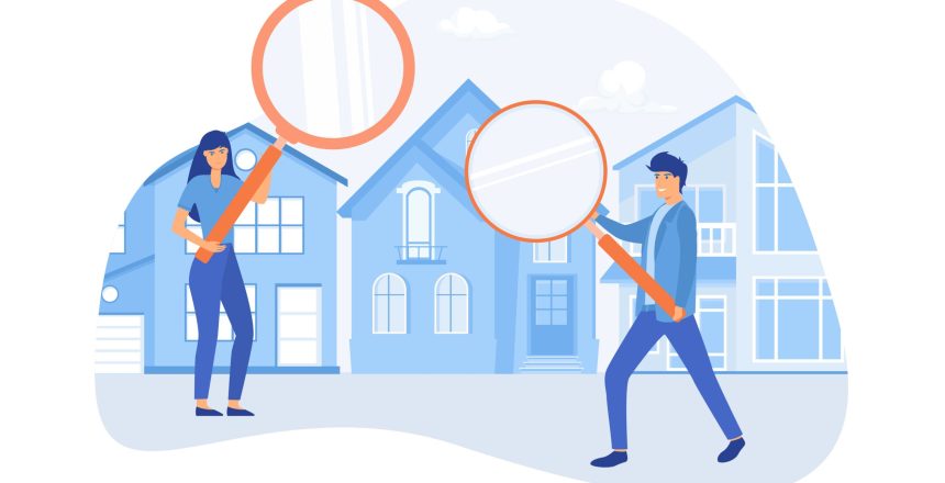 Real estate business concept. people group looking home on market. Buy or rent house online, flat vector modern illustration House Inspections | Older Homes