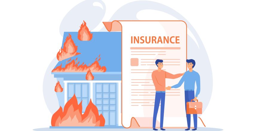 Burn house, flaming building. Insurance agent and customer flat characters. Fire insurance, fire economic losses, protect your property concept. flat vector modern illustration How to Handle Disaster Insurance Claims Correctly