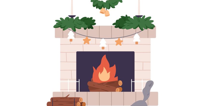 Cute cat playing by Christmas fireplace at home. Funny kitty with yarn by fireside in cozy living room at Xmas. Playful kitten at New year eve. Flat vector illustration isolated on white background. How to Prepare a Fireplace for Winter