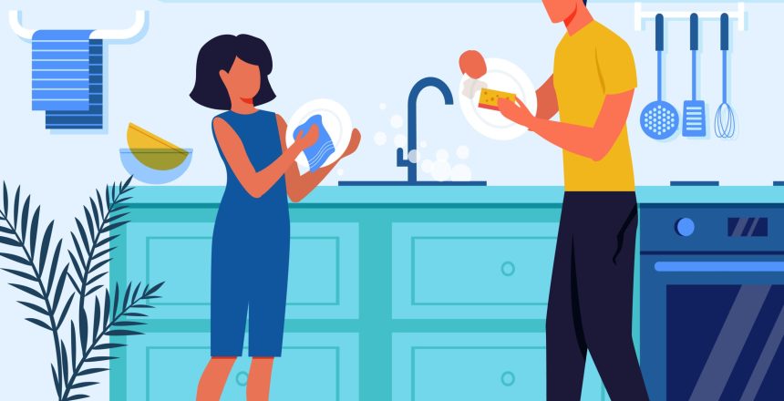 Father and Child Clean Plates Vector Illustration Remodeling Your Kitchen