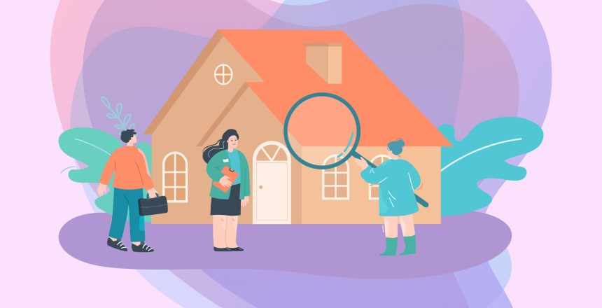 Cartoon inspector examining house with magnifier Settle a Dispute with Your Neighbor- house hunting
